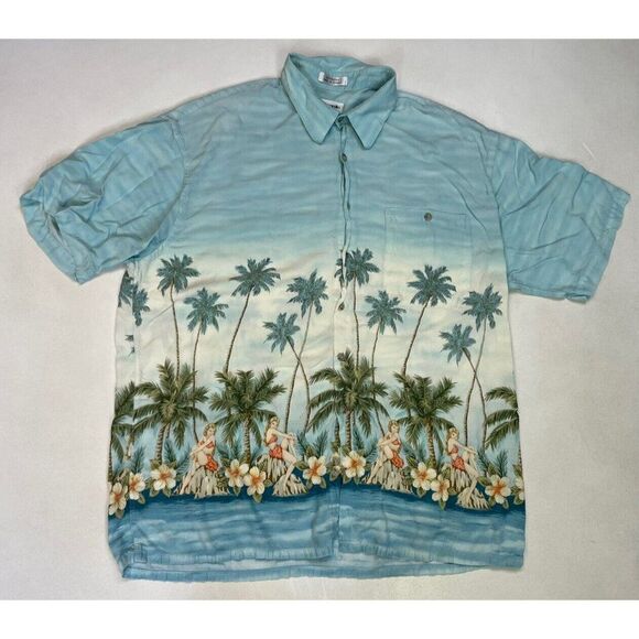 VINTAGE Pierre Cardin Hawaiian Shirt Men XL Palm Trees Sexy Pin Up Girl Print - Picture 1 of 6